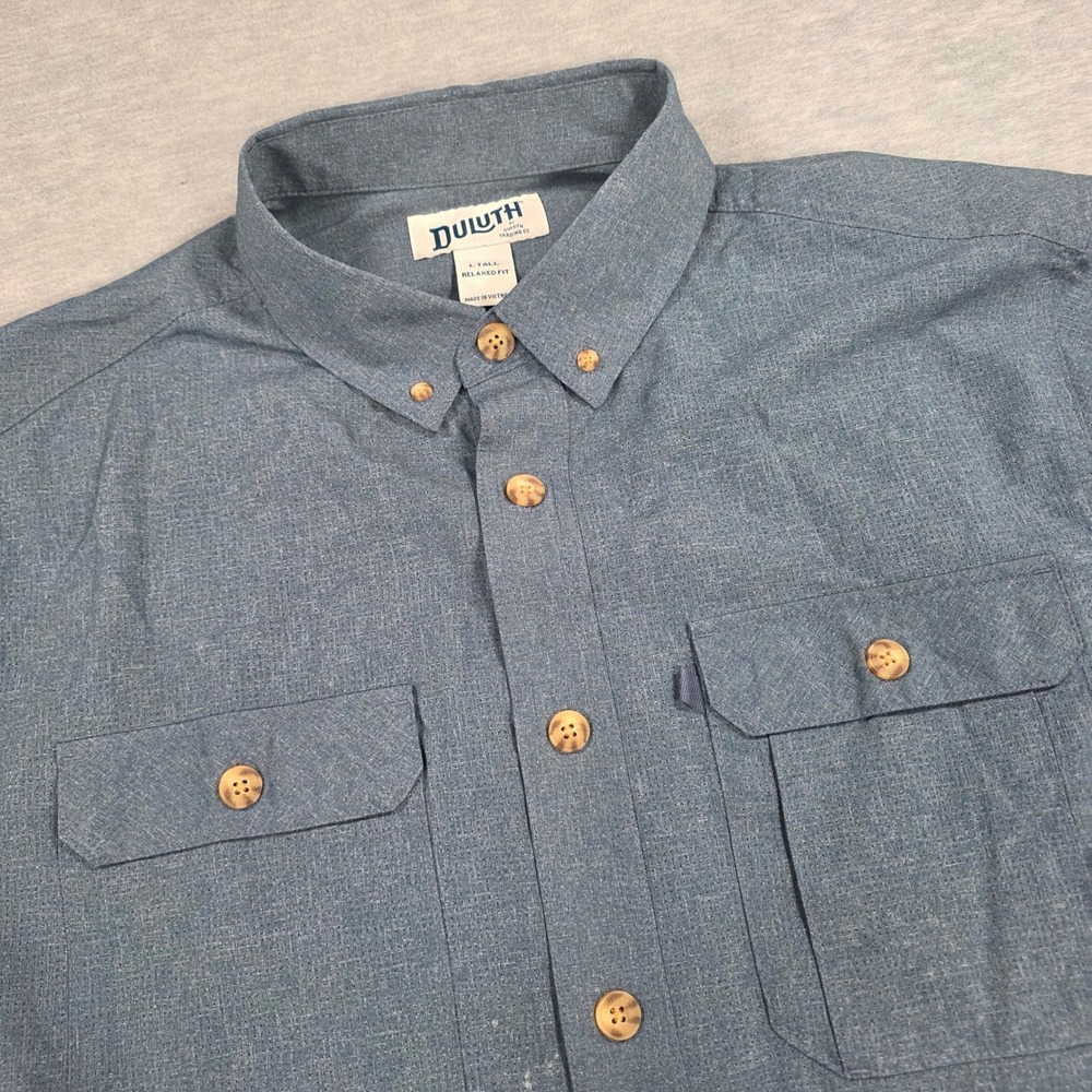 Duluth Trading Co Men Blue Relaxed Fit Short Sleeve Button Down Shirt Large Tall